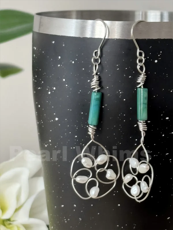 Close-Up of Sesame Flower Earrings - Natural Baroque Pearl Texture & Dyed Sea Green Mother-of-Pearl Bead