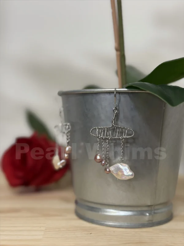 Close-Up of Fish & Bubbles Earrings – Organic Shape of Baroque Pearl Fish with Natural Ridges, Hypoallergenic 316L Steel Chain