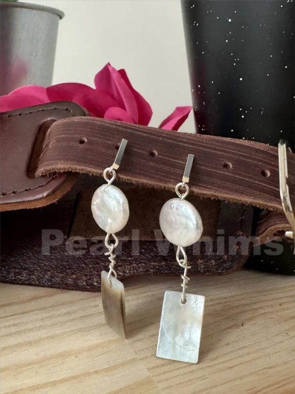 Pearl Whims Sun Drops Earrings – Hand-Polished Rectangular Mother-of-Pearl Pendant with Linear Sunbeam Motif